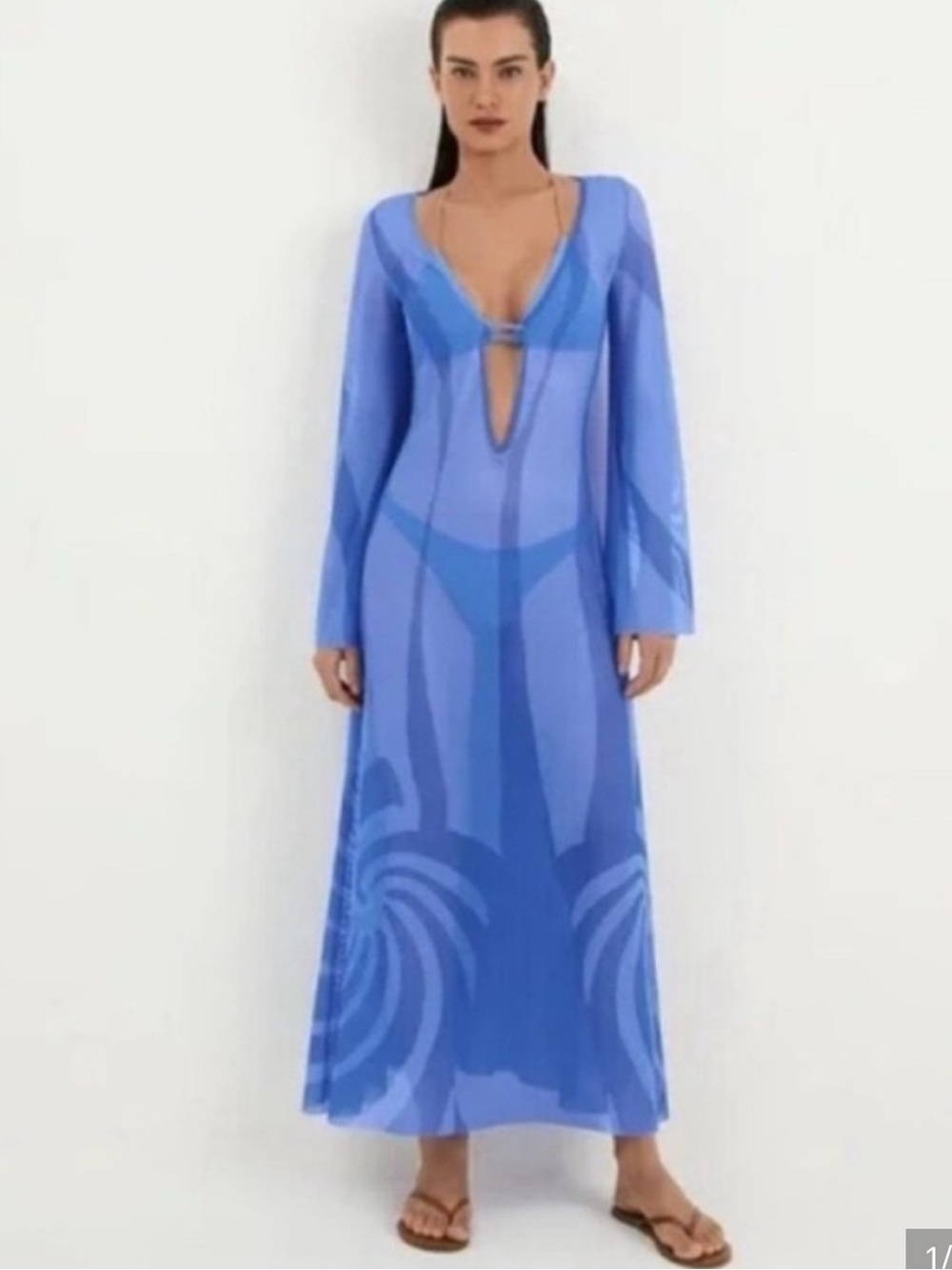 NEW💙Caroline Constas Blue Mesh Long Sleeve Swimsuit Cover-Up Maxi Dress $298